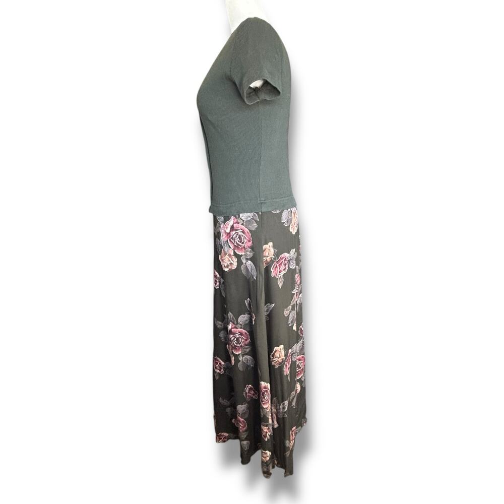 Vintage 90s Faux Two Piece Forrest Green Baby Pink Knit Top Dark Floral Maxi - Picture 3 of 7